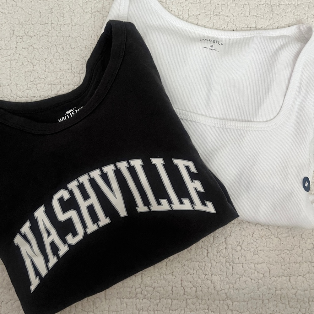 2 Hollister Tees, white square neck + grey Nashville graphic